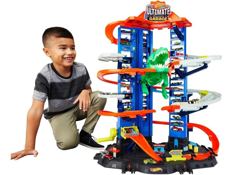 Garage Hot Wheels con Pistas y T-Rex gigante