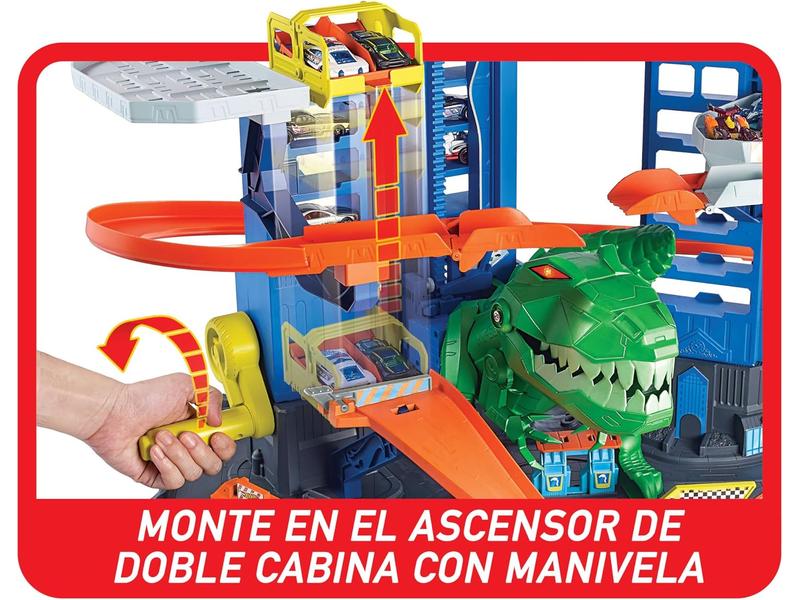 Garage Hot Wheels con Pistas y T-Rex gigante