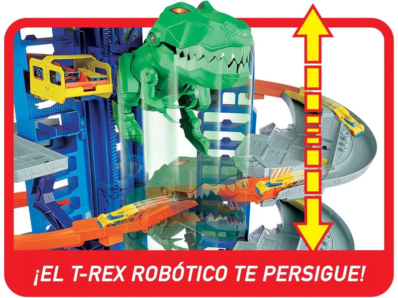 Garage Hot Wheels con Pistas y T-Rex gigante