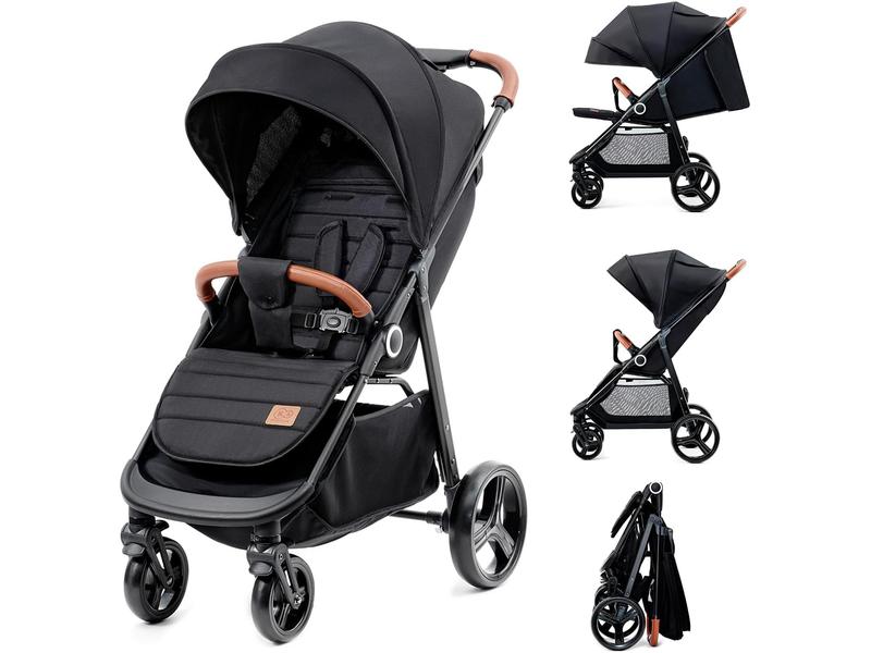 kk Kinderkraft GRANDE PLUS Silla de Paseo ligera desde Nacimiento hasta 22 kg, Plegado con una sola mano, Posición tumbada, Suspensión de todas ruedas, Capota grande XL, Negro