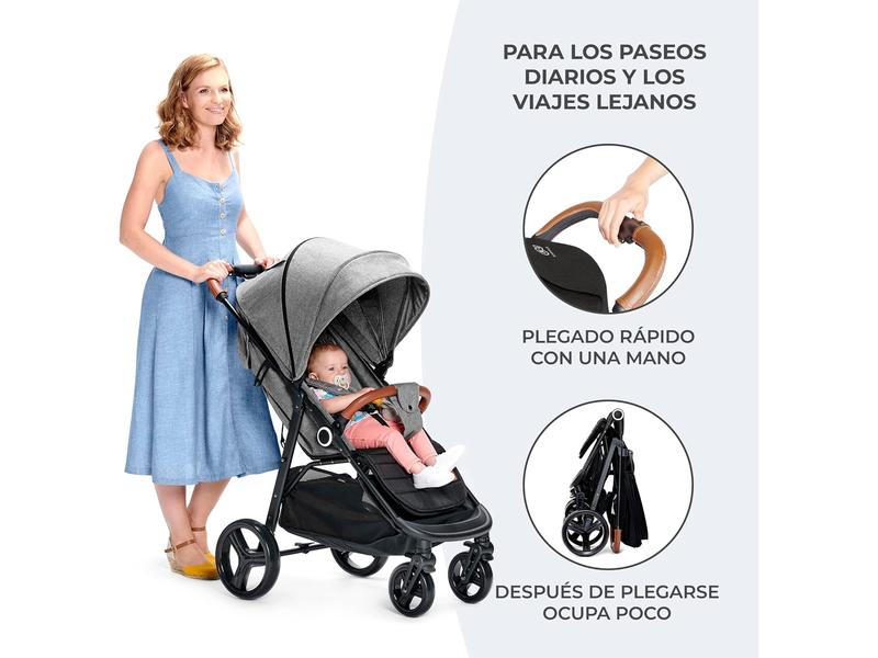 kk Kinderkraft GRANDE PLUS Silla de Paseo ligera desde Nacimiento hasta 22 kg, Plegado con una sola mano, Posición tumbada, Suspensión de todas ruedas, Capota grande XL, Negro