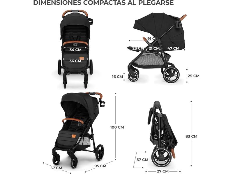 kk Kinderkraft GRANDE PLUS Silla de Paseo ligera desde Nacimiento hasta 22 kg, Plegado con una sola mano, Posición tumbada, Suspensión de todas ruedas, Capota grande XL, Negro