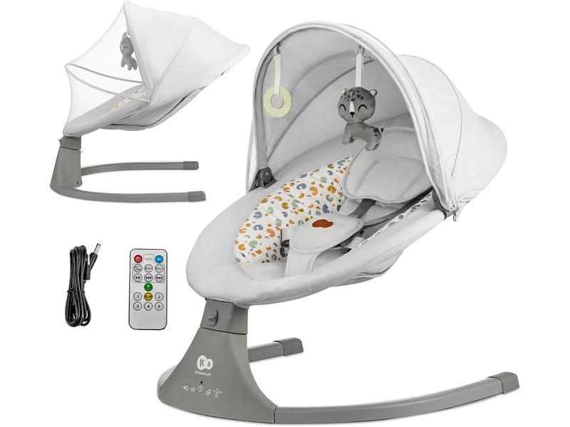 Kinderkraft Hamaca LUMI 2, Columpio eléctrico para bebés, Desde el nacimiento hasta los 9 meses, Altura regulable, 5 modos, 12 melodías, Arco con juguetes, Gris claro