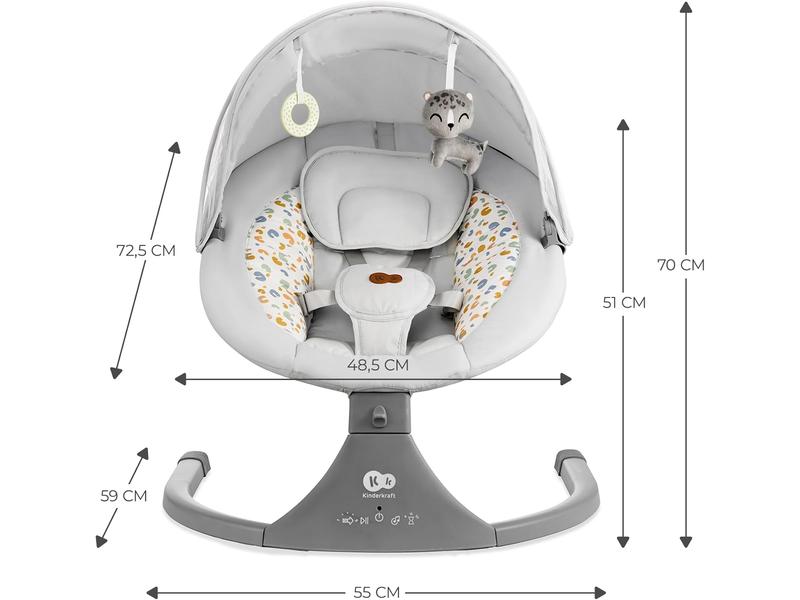 Kinderkraft Hamaca LUMI 2, Columpio eléctrico para bebés, Desde el nacimiento hasta los 9 meses, Altura regulable, 5 modos, 12 melodías, Arco con juguetes, Gris claro