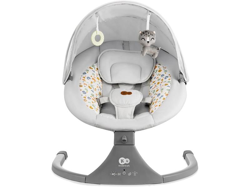 Kinderkraft Hamaca LUMI 2, Columpio eléctrico para bebés, Desde el nacimiento hasta los 9 meses, Altura regulable, 5 modos, 12 melodías, Arco con juguetes, Gris claro