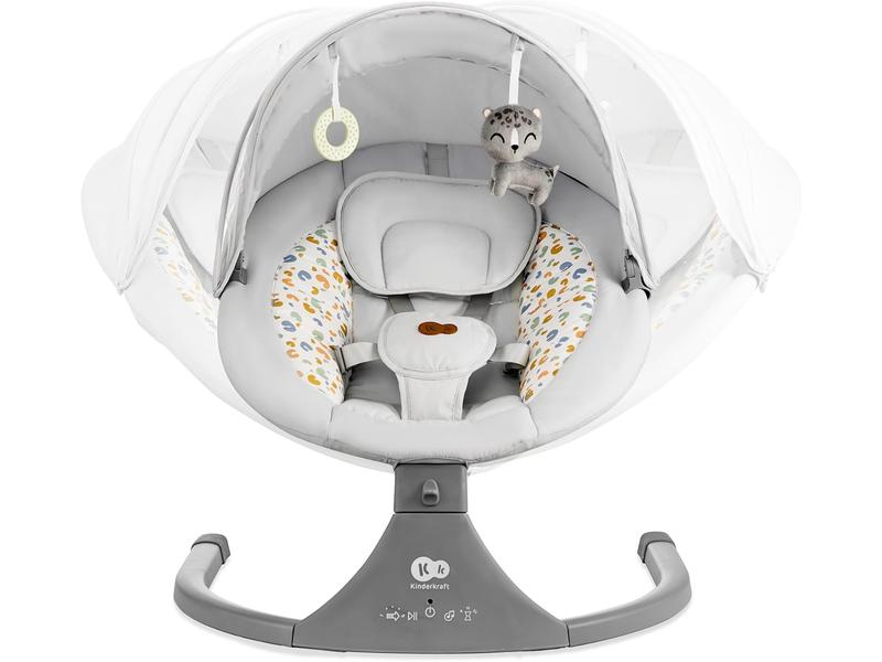 Kinderkraft Hamaca LUMI 2, Columpio eléctrico para bebés, Desde el nacimiento hasta los 9 meses, Altura regulable, 5 modos, 12 melodías, Arco con juguetes, Gris claro