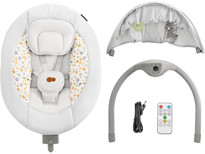 Kinderkraft Hamaca LUMI 2, Columpio eléctrico para bebés, Desde el nacimiento hasta los 9 meses, Altura regulable, 5 modos, 12 melodías, Arco con juguetes, Gris claro